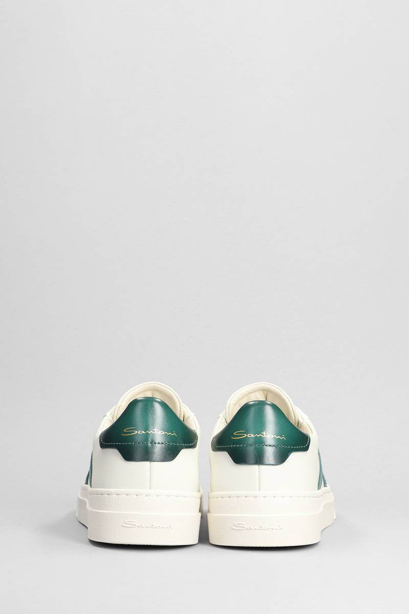 Santoni Double buckle sneaker da uomo in pelle bianca e verde.